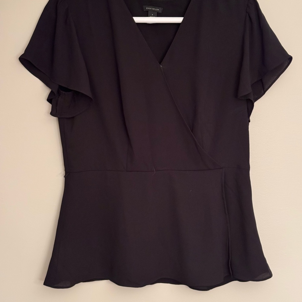 Ann Taylor Black Flutter Sleeve Wrap Blouse